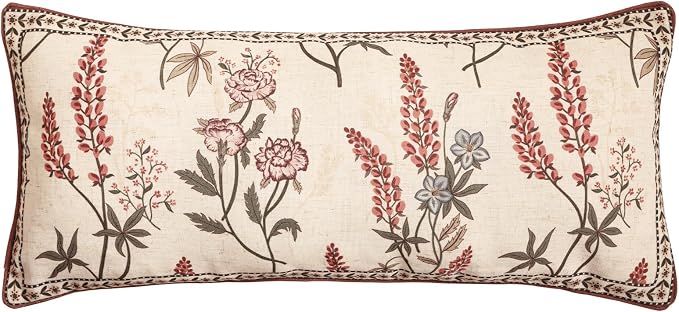 Designer Vintage Linen Throw Pillow Cover,28"x12"-Helena A | Elegant French Rectangle Pillow Cover,Concealed Zipper Design,Floral Pattern,Sofas,Bedroom,Living Room,Lounge Chairs