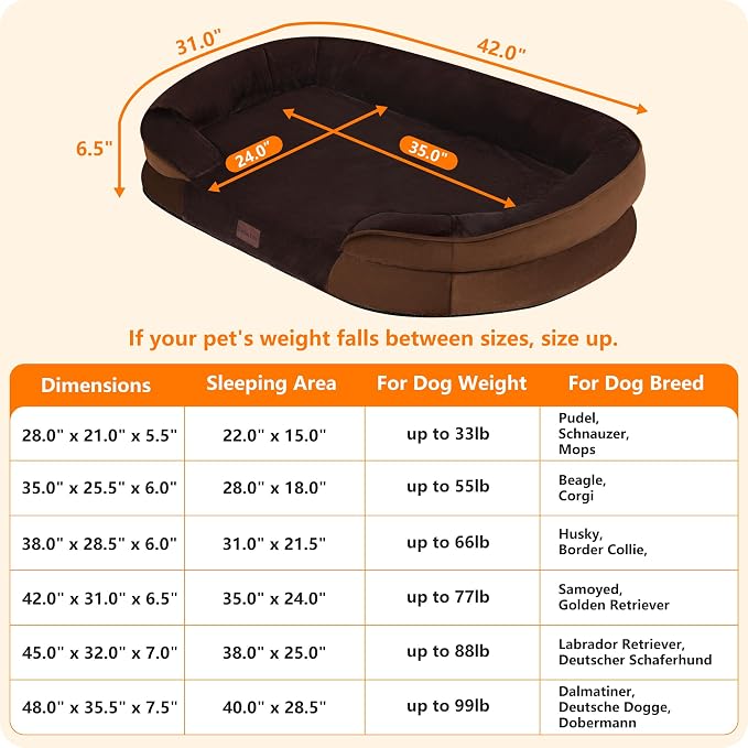 Dwanton Orthopedic Waterproof Large Dog Bed Sofa, Gel Memory Foam, 42" | Egg-Crate Foam Dog Sofa, Washable Pet Bed with Four Sided Bolster Cushion, Removable Cover & Non-Slip Bottom, Brown