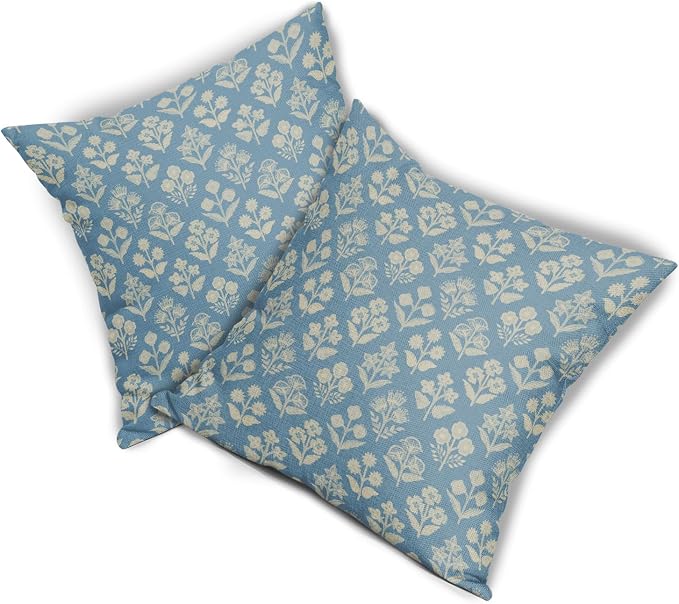 Light Blue Floral Block Print Pillow Covers 20x20 Inch Set of 2, Vintage Flower Pattern Decorative Throw Pillowcases Outdoor Farmhouse Cushion Covers Spring Summer Rustic Sofa Couch Bed Decor