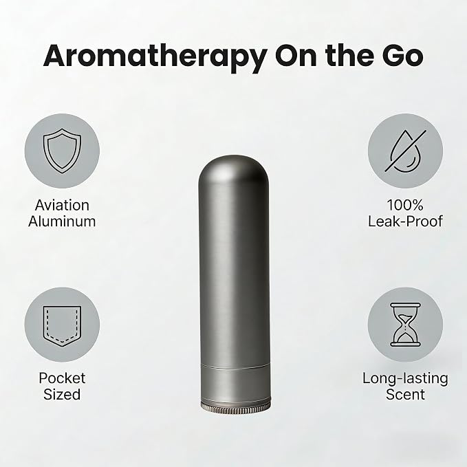 OiwMuOcki Essential Oil Nasal Inhaler - Eco-Friendly Reusable Aluminum Alloy Aromatherapy Inhaler, Leak-Proof Refillable for Sinus Relief with 20 Cotton Wicks (Gray)