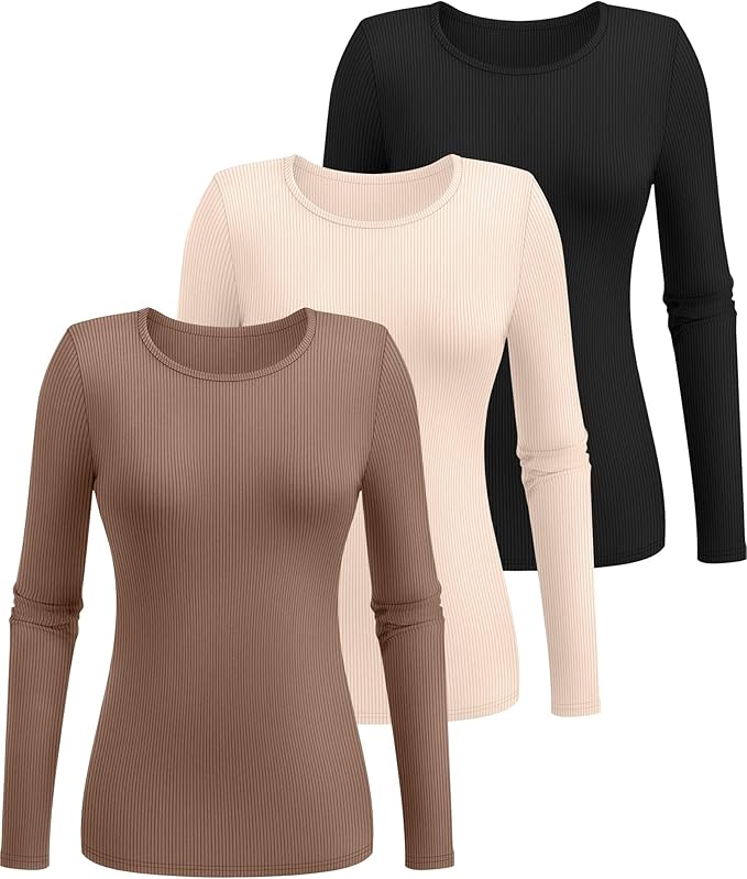 Ficerd 3 Pack Women's Ribbed Long Sleeve Tops, Crew Neck Slim Fit Undershirts Knit Basic Casual Stretch Layering Tee Shirts