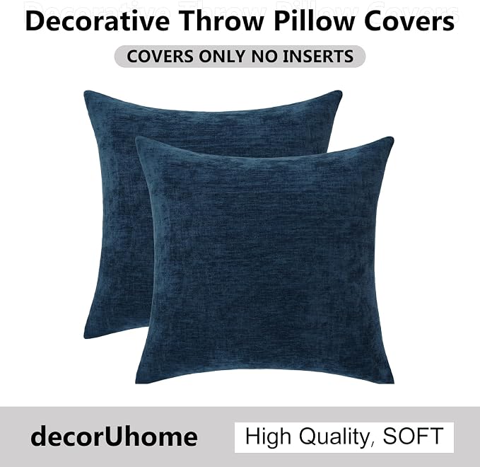 decorUhome Soft Chenille Navy Blue Throw Pillow Covers 24X24 Set of 2 | Decorative Fall Couch Pillow Covers Solid Dyed Accent Modern Euro Sham Farmhouse Neutral Square Pillow Cases for Sofa