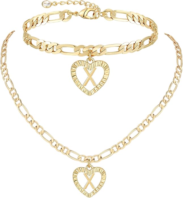 YANODA Gold Initial Pendant Necklace Anklet Bracelet for Women 14K Gold Plated Figaro Chain Letter Initial Heart Necklace Anklets Alphabet Foot Jewelry Personalized Jewelry for Women