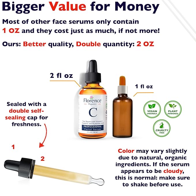 Vitamin C Serum For Face – Anti Aging Face Serum with Vitamin C, Hyaluronic Acid, Vitamin E. Brightening Formula. Improve Appearance of Dark Spots, Tone, Fine Lines & Wrinkles, Glowing Skin 2 Fl Oz