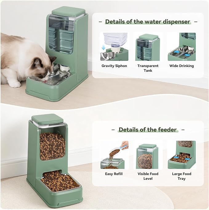 2 Pack Automatic Cat Feeder Stainless Steel Gravity Food and Water Dispenser for Small Medium Kitten Puppy Pets (Green)