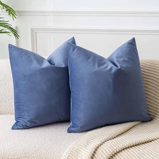 JUSPURBET 28x28 Decorative Velvet Throw Pillow Covers Cases Set of 2,Blue | Cozy Soft Euro Cushion Covers with Hidden Zipper for Couch Sofa Bed Living Room Bedroom Home Decor