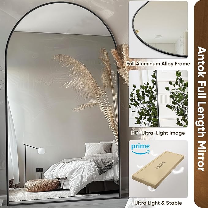 Antok 72" x44” Arched Full Length Floor Mirror, Black Aluminum Frame, Free Standing/Wall Mount/Leaning for Bedroom, Living Room, Dressing Room