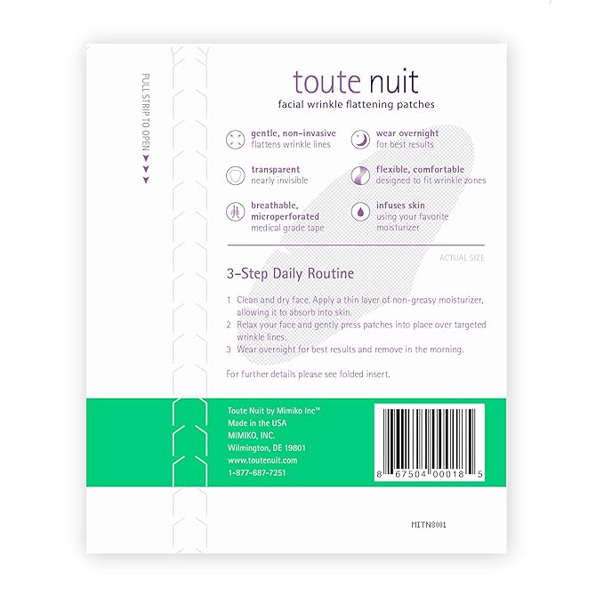 Toute Nuit Wrinkle Patches – Grooves – Face Tape for Maximum Forehead Coverage – Hypoallergenic Anti Wrinkle Patches – 20 Count, Made in USA (Pack of 2)