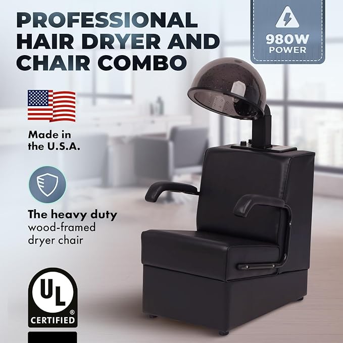 Buy-Rite Kate Set of 2 Professional Salon Hair Dryer & Dryer Chair Combinations, 980W Commercial Hooded Dryers, Heavy-Duty Wood Frame Chairs, Adjustable Hoods, Removable Arms, OD-431/HL-1500