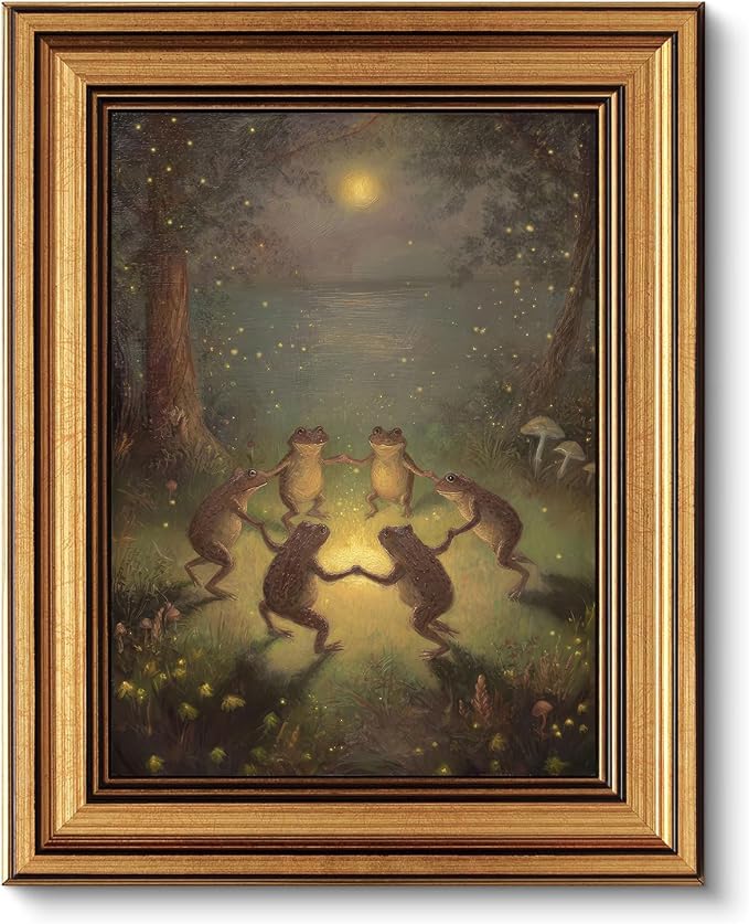 Gold Framed Wall Art, Vintage Whimsical Dancing Frogs Canvas Prints, Moonlight Woodland Animal Picture Wall Decor, Dark Academia Cottagecore Forest Artwork for Nursery Bedroom 9x11 inch