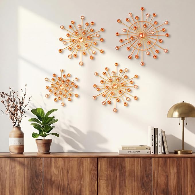 Blulu 4 Pcs Metal Wall Decor Bling Crystal Wall Art Cast Iron Rhinestones Sunburst Decor Starburst Art Hanging Diamond Accents Decorative for Living Room Bedroom Entryway (Orange)