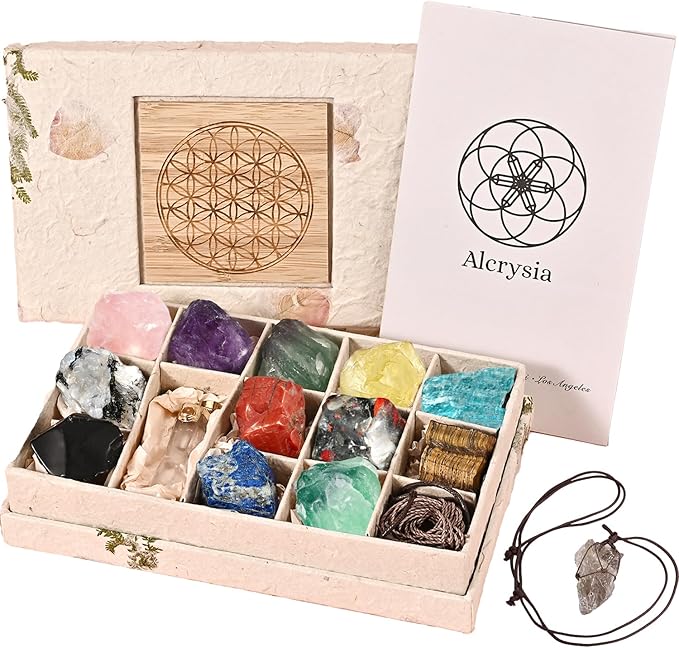 Set of 12 Raw Crystals and Healing Stones, One Stone for Each Month, Chakra, Meditating and Energy Healing Stones, DIY Necklace kit and Clear Quartz Necklace, Handcrafted Gift for Women