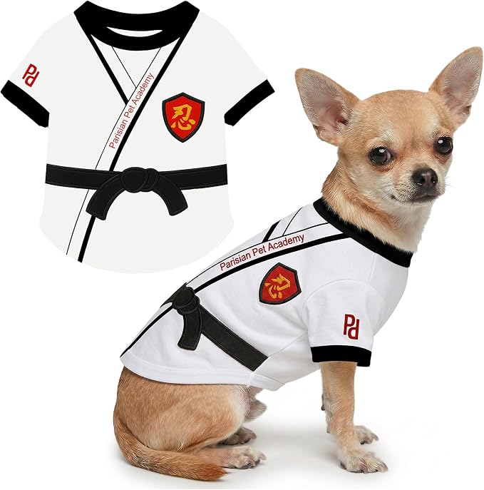 Parisian Pet Dog Karate Academy Shirt - Embroidered Pet Vest - 100% Cotton & Polyester Doggy Shirt - Lightweight Pet Clothes - Sleeved Puppy Costume - Funny Shirts for Small Dogs - S