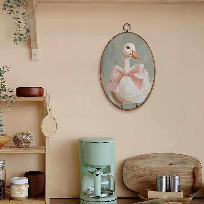 LKETW Coquette Pink Bow Goose Oval Wall Art Decor, Vintage Goose Oval Canvas Hanging Decor, Preppy Farmhouse Animal Wall Decorations for Girly Room Bedroom Dorm Home, 8.6x11.4 Inch