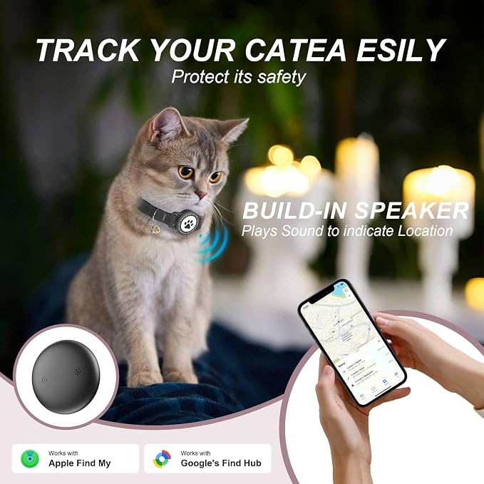 GPS Cat Tracker Collar (iOS & Android), No Month Fee GPS Dog Tracker Black | Mini Bluetooth Smart Anti-Lost Pet Finder Tag Works with Apple Find My & Google Find Hub