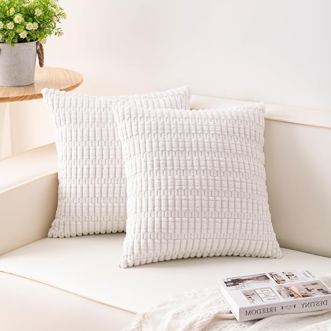 Aegero Pack of 2 Corduroy Decorative Throw Pillow Covers 16x16 Inch,White | Fall Soft Striped Pillow Covers Modern Farmhouse Home Decor Christmas Throw Pillow Covers for Sofa Living Room Couch Bed