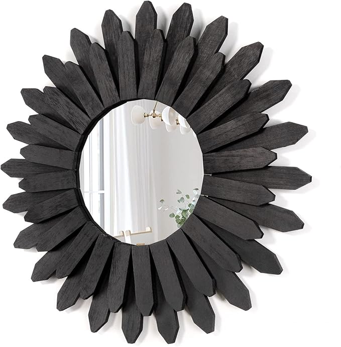 21 inch Black Wall Decor Vintage Mirror, Boho Style, Wooden Frame, Easy to Hang, Ideal Gift
