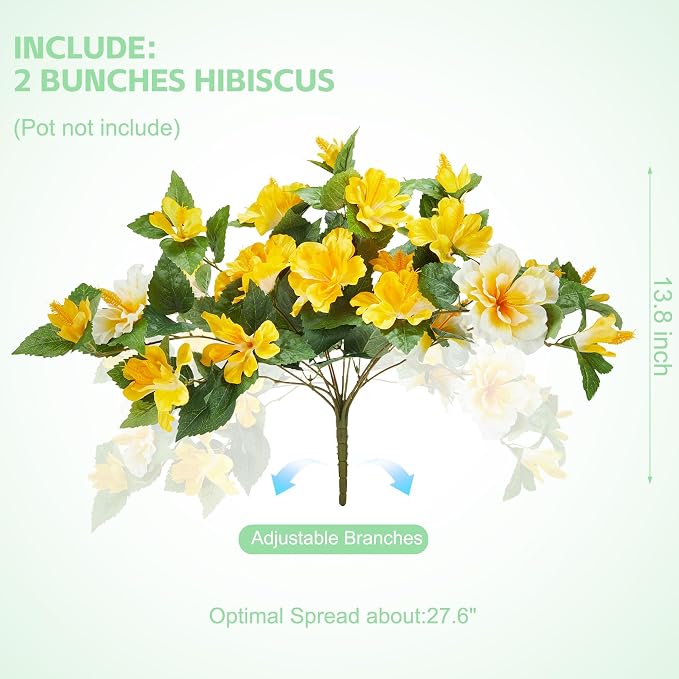 INXUGAO Artificial Flowers for Outdoors Indoors,2 Bunches Fake Hibiscus with Realistic UV Resistant Silk Flower Fabric Leaves,Faux Plants Outside for Home Patio Garden Yard Poch Decor(Yellow,White)