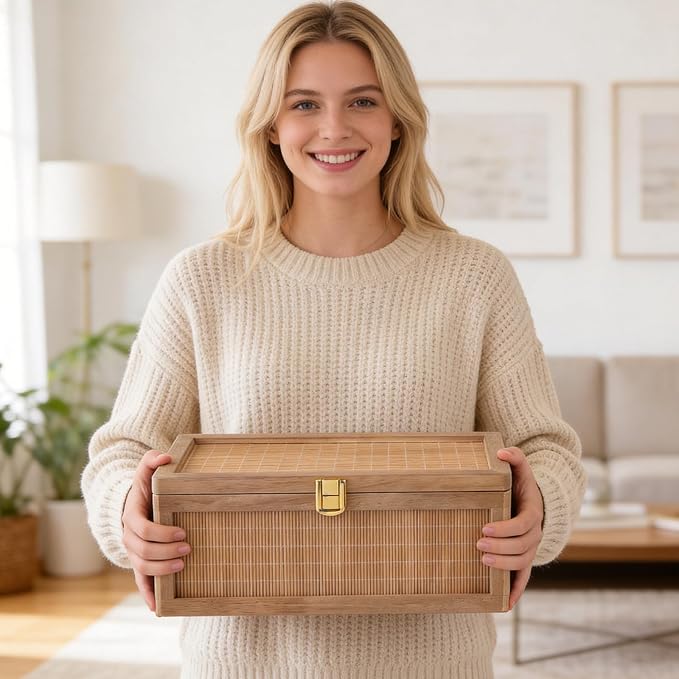 Memory Box, Unique Bamboo Keepsake Boxes with Hinged Lids, Boho Wedding Keepsake Box, Decorative Box with Lid for Crafts, trinkets and Photo Storage