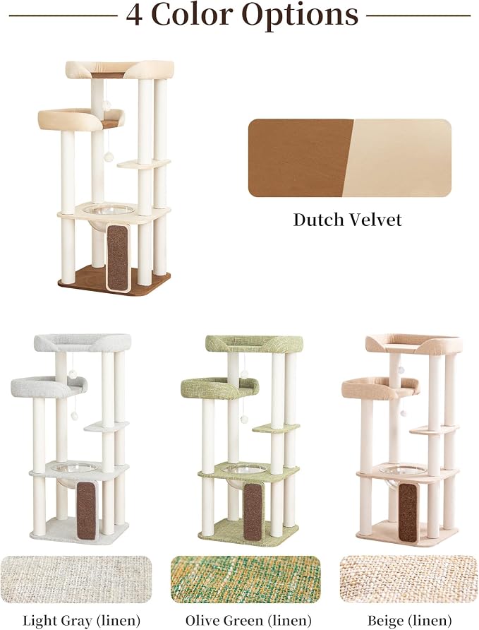 53'' Cat Tree for Large Cat, Modern Senior Friendly Cat Tower with Wide Shelves Low Step, Cotton Scratching Posts, Super Sturdy Base, Cozy Perches, and Interactive Toys (White)
