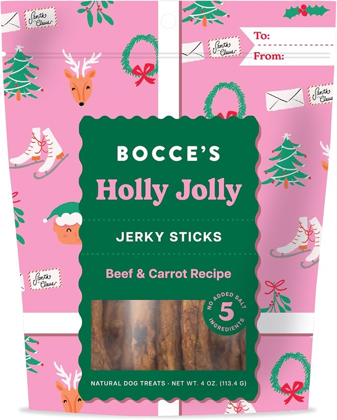 Bocce's Bakery Holly Jolly Holiday Flavor Jerky Stick Dog Treats, 4 oz | High-Protein, Wheat-Free, Limited-Ingredient Treats with No Added Salt or Sugar - Baked in The USA