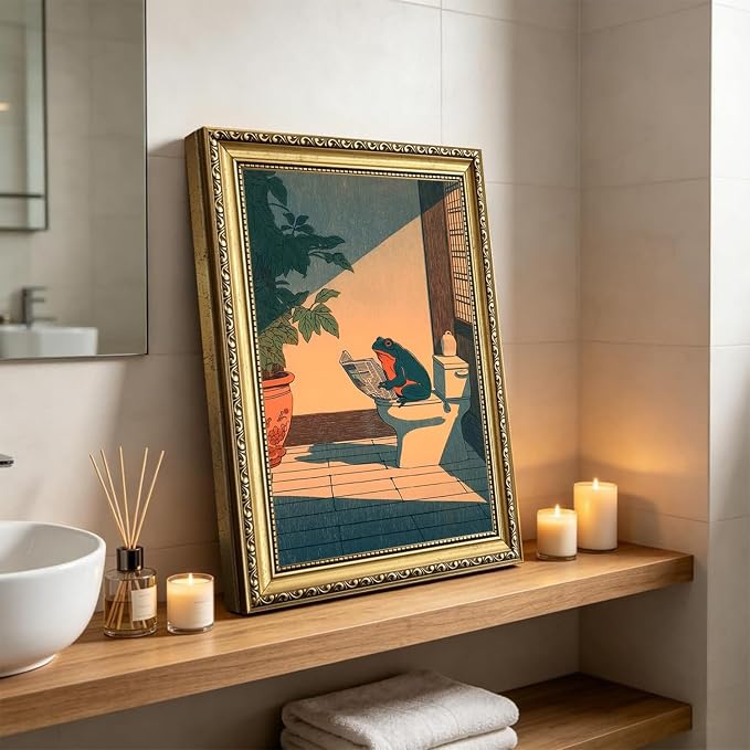 Funny Frog Bathroom Wall Art, Cute Japanese Frog in Toilet Wall Decor, Whimsical Green Animal Restroom Poster Canvas Painting Prints Artwork 16x24 inch Gold Framed