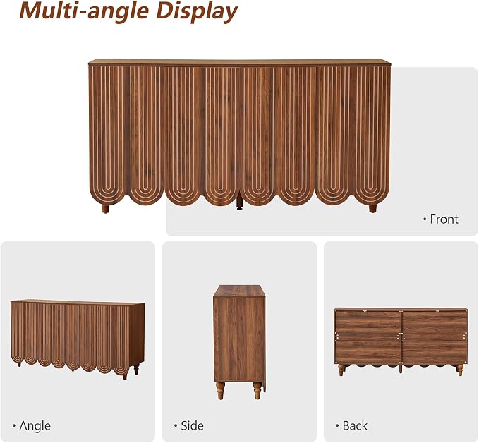 weselon 63" Buffet Cabinet with Scalloped Arched Doors, 4-Door Sideboard with Adjustable Shelves, Push-to-Open & Soft-Close Hinges, Solid Wood Legs Storage Cabinet for Coffee Bar TV Console (Walnut)