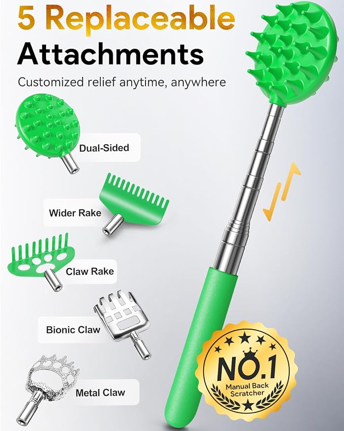TUKUOS Telescoping Back Scratcher with 5 Detachable Scratching Heads, Valentines Day Gifts for Him Men, Anniversary Birthday Gifts for Men Women Back Scratcher for Men/Dad/Women/Adults - Green
