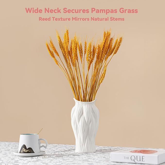 White Ceramic Vase with Reed-Inspired Texture - 9" Unique Flower Vase for Pampas Grass & Centerpieces, Decorative Boho/Farmhouse Vase for Living Room,Office Desk & Housewarming Gift (for Her/Yourself)