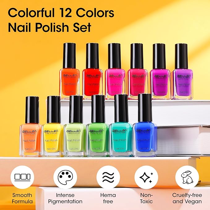 Gellen Bright Neon Nail Polish, Quick Air Dry Regular Nail Polish Vibrant Rainbow 10ml 12-Color Set for Finger Toe Nails Salon Home, TPO & HEMA Free Non-toxic, Red Pink Blue Green Purple Orange Yellow