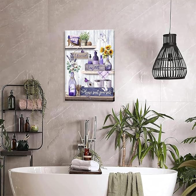 Purple Bathroom Canvas Wall Decor Relax Soak Canvas Wall Art Unwind Bathroom Washroom Print Poster Please Seat Yourself Painting Pictures Artwrok 12x16 In