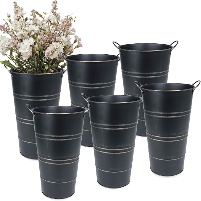 12 Inch Galvanized Metal Vase, 6 Pack Tall Flower Buckets with Handles | Galvanized metal flower buckets with handles, rustic tall vase design for dried flowers, weddings, farmhouse and home decor.