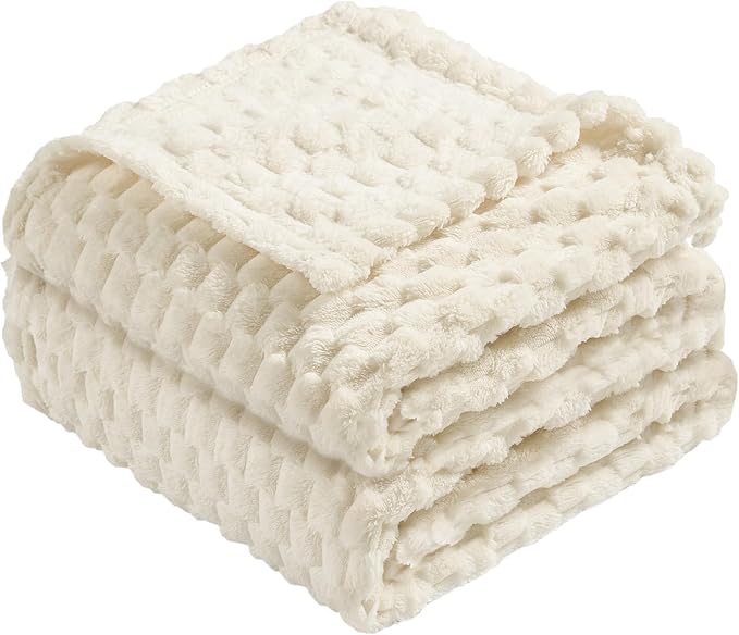 Vessia Flannel Fleece Twin Size Blanket(60x80 inch), 3D Jacquard Cream Fuzzy and Warm Blanket for Couch,Sofa,Chair, 300GSM Super Soft Touch Cozy Lightweight Beige Bed Home Decor for All-Season