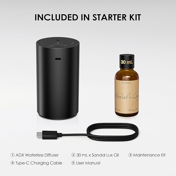 Airversa ADX Waterless Essential Oil Diffuser Starter Kit, Black | 30 mL ST 33# Hotel Scent Fragrance Oil, Battery Operated, Up to 600 sq ft, Portable for Home Car Office, ADXKit-30-E