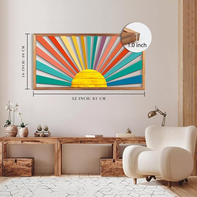 IARTTOP Large Boho Sun Wall Art Framed Wooden Art Wall Decor Colorful Rainbow Geometric Line Sunshine Artwork for Living Room Bedroom Office 16x32 Inch