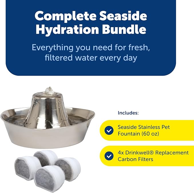 Seaside Stainless Cat & Dog Fountain with 4-Pack of Carbon Filters | 60 Oz Capacity with Extra Carbon Filters, Triple-Filter Operation, 360-Degree Flow, Rust-Resistant Stainless Steel