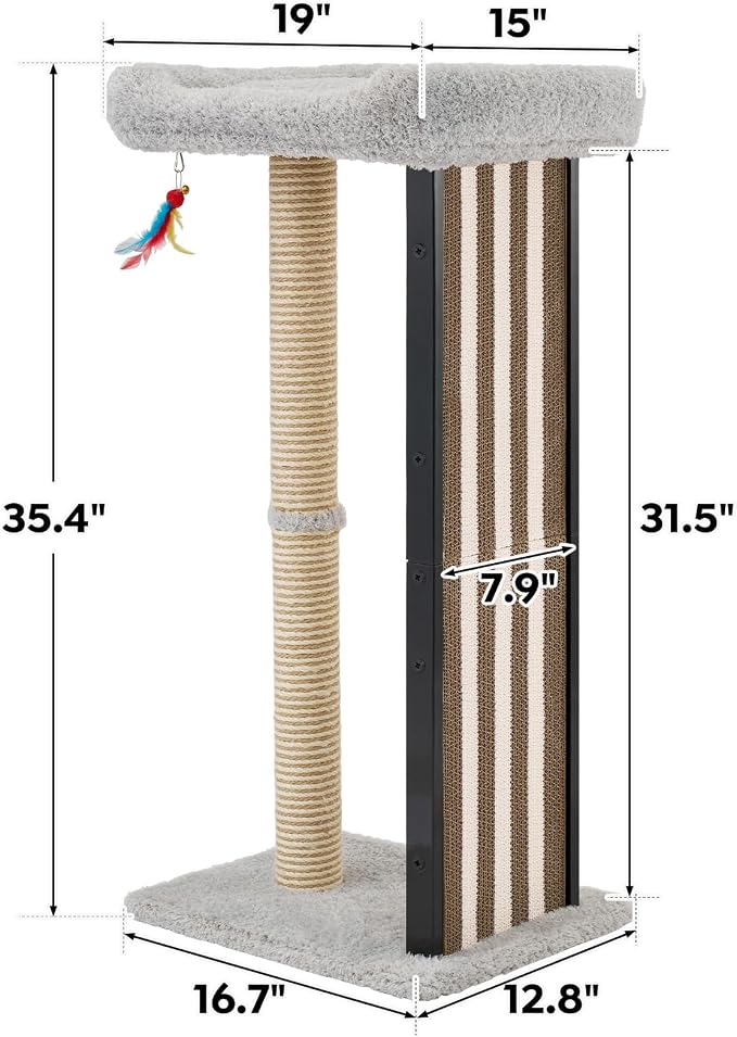 Veehoo 35" Tall Cat Scratching Post for Indoor Cats, Sturdy Cat Scratch Pad | Scratch Post with Plush Top Bed & Replaceable Metal Frame Scratching Board, Easy assembly