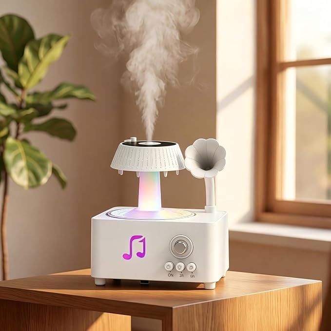 Vintage Record Player Essential Oil Diffuser 310mL Aromatherapy Diffuser with LED Light & Fragrance Diffusion, Quiet Humidifier for Home Bedroom Office Yoga, Retro Decor Air Freshener White