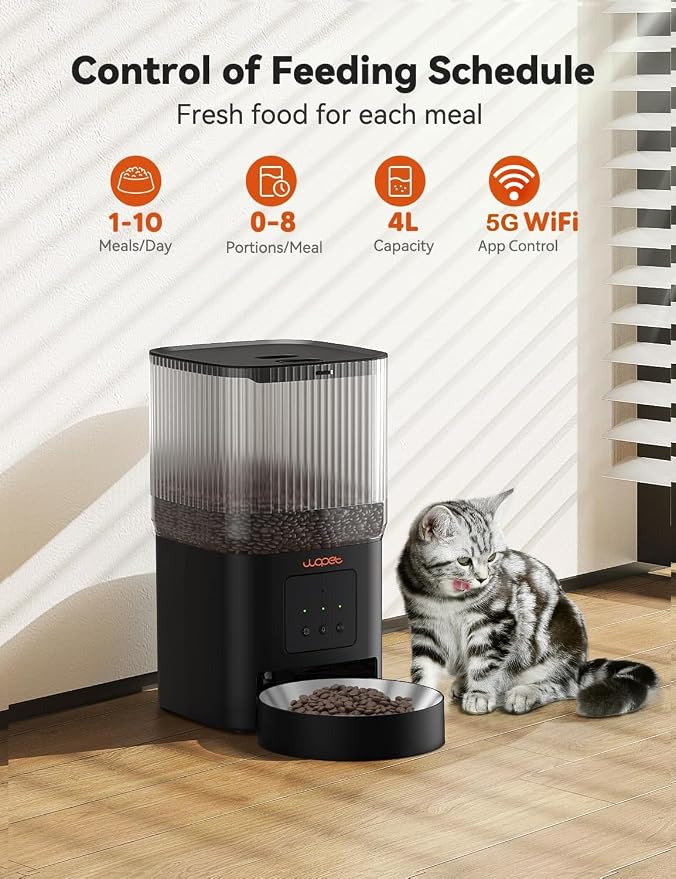 WOPET Automatic Cat Feeder, 5G&2.4G Smart WiFi Pet Feeder with App Control, 4L Capacity, 1–10 Meals per Day, Slow Feeding Mode, 10s Voice Recorder, Timed Cat Food Dispenser for Cats & Small Dogs