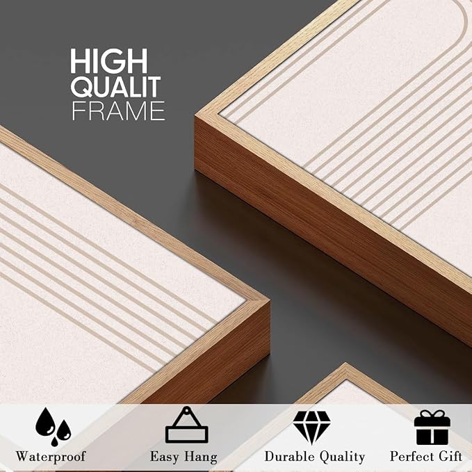 ANHUIB Extra Large Neutral Boho Abstract Canvas Wall Art Set of 3 Framed Mid Century Modern Wall Decor Beige Geometric Line Artwork Minimalist Prints 24x36 Inch Painting for Living Room Bedroom Dining Room Office