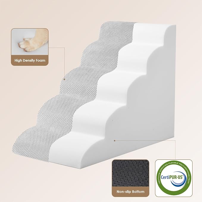 EHEYCIGA Curved Dog Stairs Ramp, 5-Step High Beds, 22.6" H Pet Step | 33D density of pure foam, for Small Dogs and Cats, Pet Stairs for High Bed Climbing, Non-Slip Balanced Indoor, Light Grey