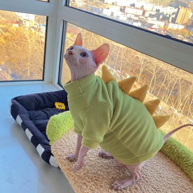 Green Dinosaur Sphynx Cat Clothes Sweater Hairless Cat Apparel | Soft, Elastic, Warm Polar Fleece,Winter Warm Outfit, Cute Dinosaur