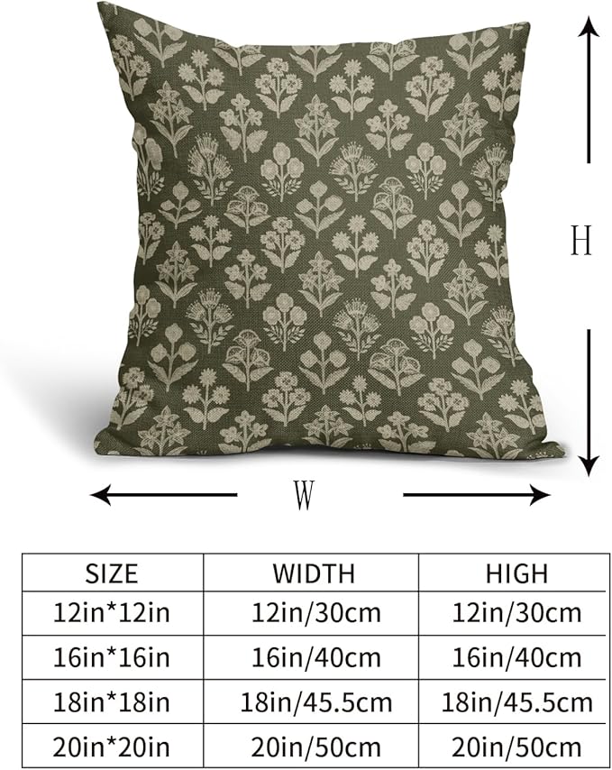 Olive Green Pillow Covers 24x24 Inch Set of 2, Vintage Flower Block Print Pattern Decorative Throw Pillowcases Outdoor Farmhouse Cushion Covers Spring Summer Rustic Sofa Couch Bed Decor