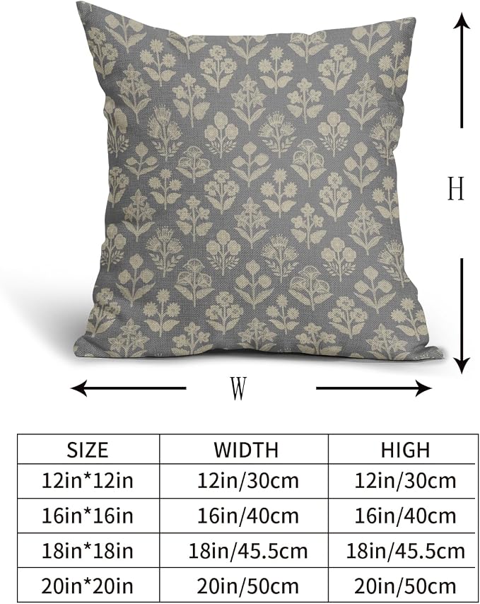 Grey Gray Floral Block Print Pillow Covers 20x20 Inch Set of 2, Vintage Flower Pattern Decorative Throw Pillowcases Outdoor Farmhouse Cushion Covers Spring Summer Rustic Sofa Couch Bed Decor