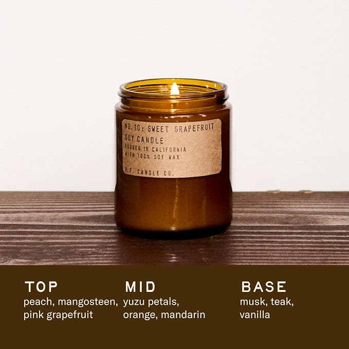 P.F. Candle Co. Sweet Grapefruit Classic Standard Scented Soy Wax Candle (7.2 oz) 40-50 Hour Burn Time, Amber Glass Jar, Made in The U.S.A.