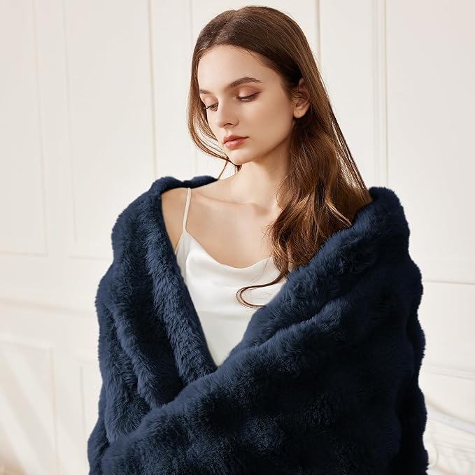 Faux Rabbit Fur Throw Blanket for Couch, Navy Blue Throw Blankets 50"x60" | Cozy Reversible Fluffy Throw, Luxury Plush Thick Bubble Blanket, Mothers Gifts for Women, Soft Warm for Bed, Home Decor