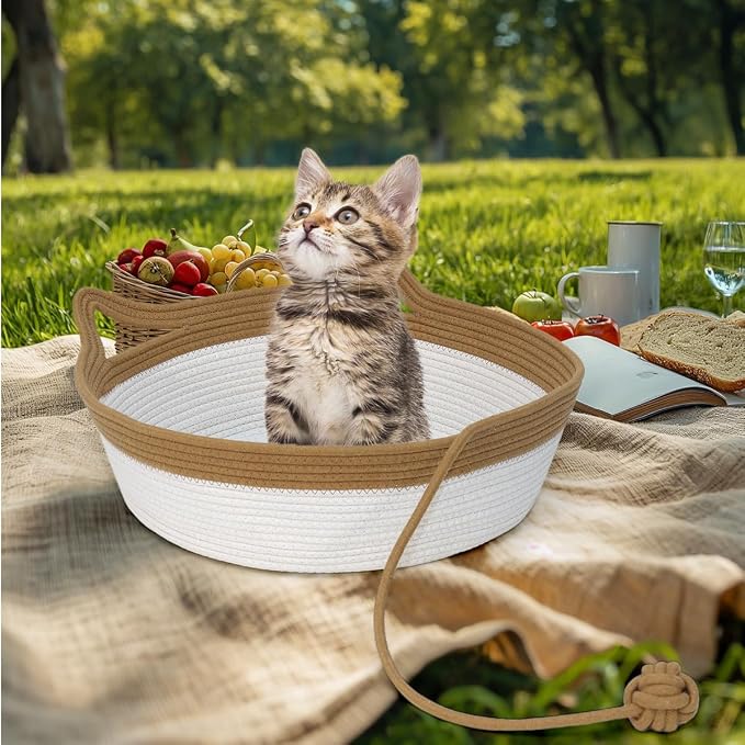 Cat Bed, Cotton Rope Instinct Basket for Cats, Handwoven Cat Beds | Stimuli Handwoven Basket for Cat, Pet Sleeping Bed with Rope Ball, Puppies, Rabbits and Small Pets (Medium, Brown & Beige)