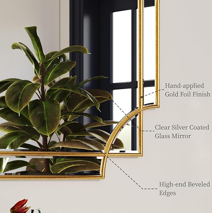 Kelly Miller 20"x30" Gold Foil Scalloped Edge Decorative Vanity Wall Mirror | Hand-Applied Gold Foil Finish. HD Mirror With French Cleat. Elegant Beveled Wall Mirror Decor For Bathroom Bedroom Entryway.