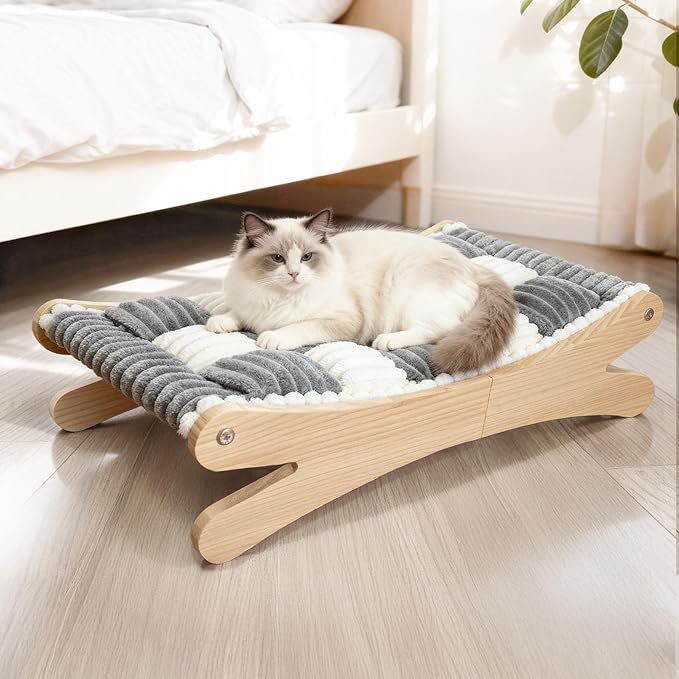 Plush Elevated Cat Bed - Cozy Raised Cat Hammock with Solid Wood Frame, Soft Furry Cushion for Indoor Cats & Small Dogs, Multi-Color Options(Black White)