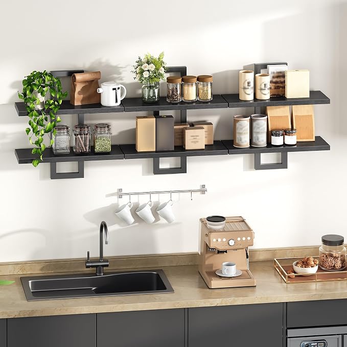 HOOBRO Floating Shelves, 15 Inch Wall Shelf Set of 3, Wall Mounted Storage Shelves 2-Tier, Hanging Bathroom Shelves, for Living Room, Bedroom, Bathroom, Kitchen, Black BK32BJP301